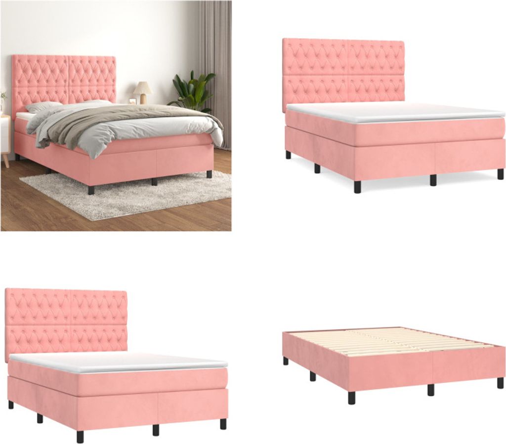 vidaXL Boxspringbett mit Matratze Rosa 140x190 cm Samt - Boxspringbett - Boxspringbetten - Bett - Schlafzimmermöbel