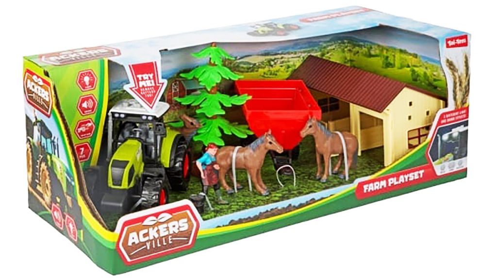 BAUERNHOF Spielset 7-teilig Traktor mit Licht und Ton PFERDESTALL Reiterhof Ranch Farm Tieren Pferd Kuh Spielzeug 48 (Reiterhof)