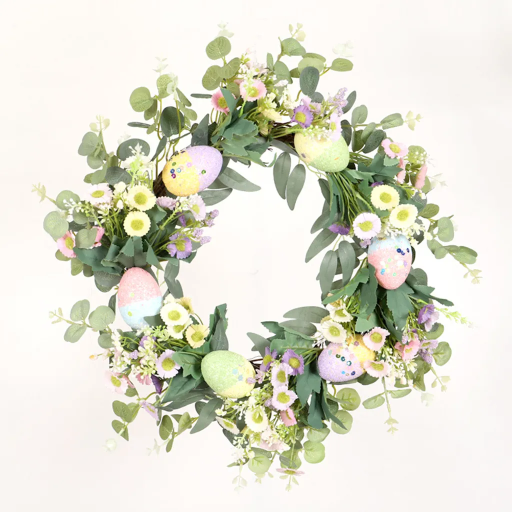 Couronne de Pâques Durable - Œufs Colorés et Plantes de Simulation - 4