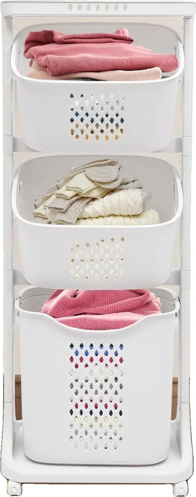 Chariot à linge 3 bacs blanc meuble de rangement mobile buanderie