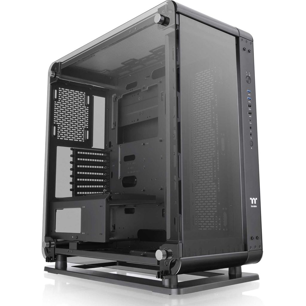 A black computer case with glass panels, shown from a diagonal angle.