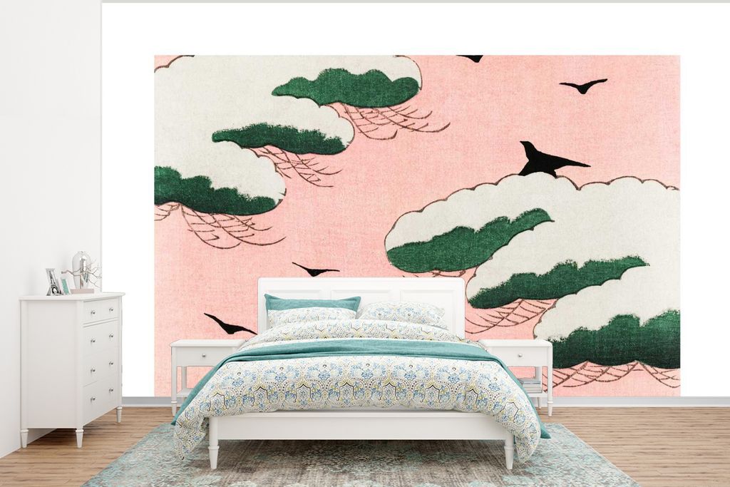 MuchoWow Fototapete für Wohnzimmer oder Schlafzimmer Wandtapete Vinyl Motivtapete Wolken - Vogel - Japandi - Jahrgang - 350x260 cm - Wohnzimmer-...