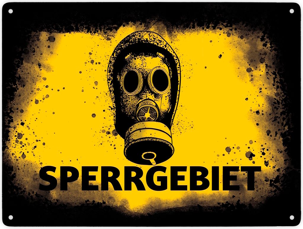 Sperrgebiet Metallschild XXL in 28x38 cm mit Gasmaskenmotiv in gelb