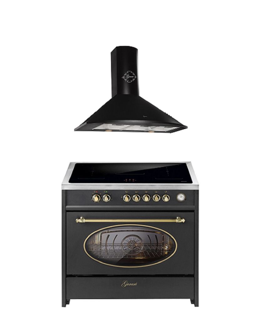 GURARI Induktions-Standherd E 913 BL+GCH 046 Bl 9, Range Cooker 90 cm/ 121L+ Dunstabzugshaube 90 cm