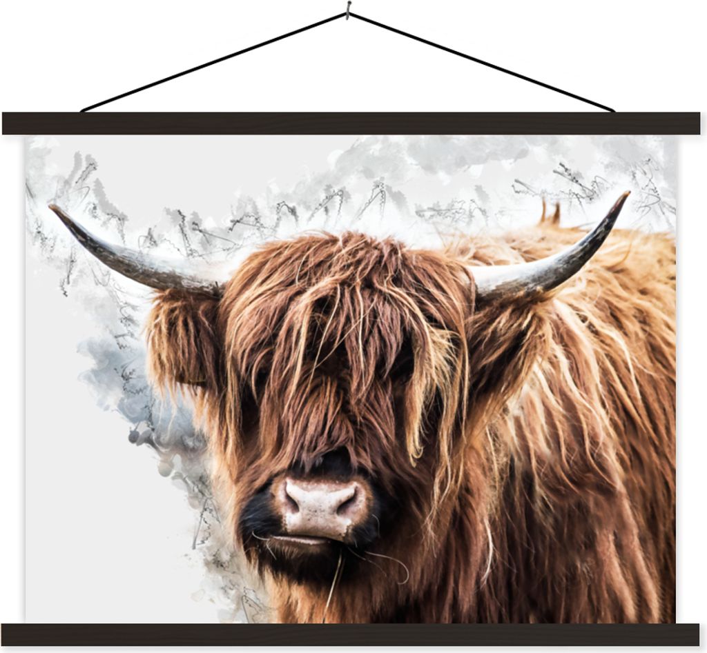 MuchoWow Textilposter Schottisches Hochlandrind - Tiere - Rauch 40x30 cm mit schwarzem Rahmen - Dekorationen