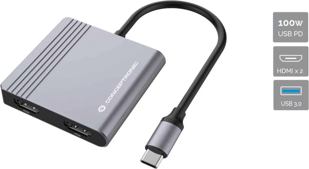 Hub USB-C Multiport Conceptronic avec 2 ports HDMI pour double écran - 2