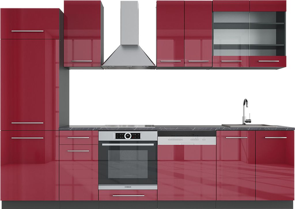 Küchenzeile Vicco Fame-Line Bordeaux Hochglanz/Anthrazit 300 cm , AP Anthrazit, Model 42442