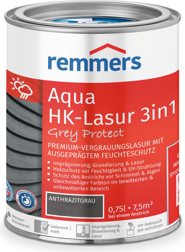Remmers Aqua HK-Lasur 3in1 Grey Protect anthrazitgrau (FT-20928) 0,75 l, Holzlasur