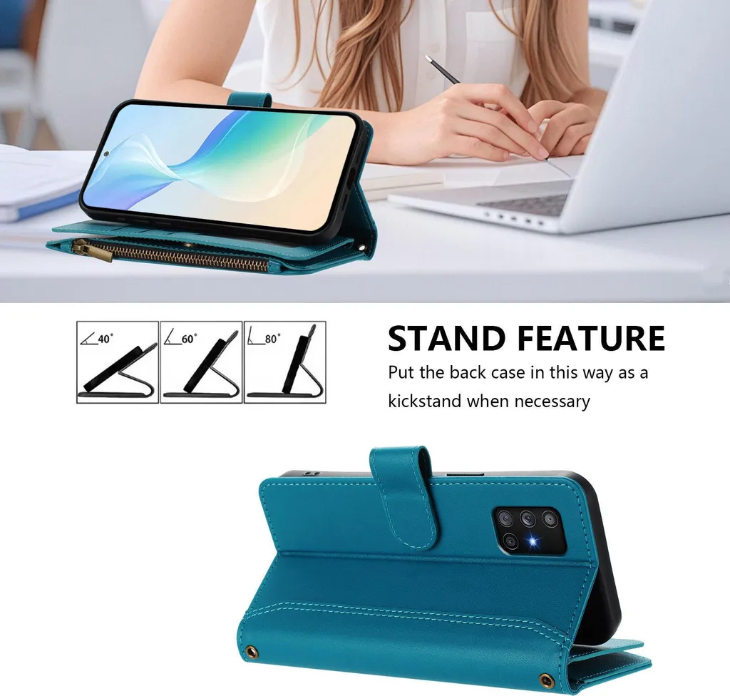 Custodia per Samsung Galaxy A71 4G, con cerniera, portafoglio in Finto cuoio con tasche per carte, supporto e passante per la mano Lake blu - 2