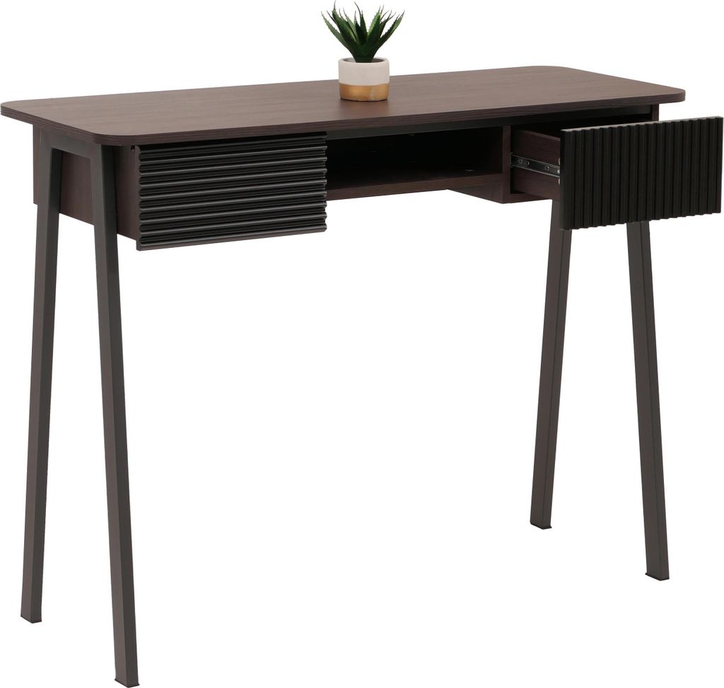 Konsolentisch HWC-O40, Telefontisch Flur-/Beistelltisch, Ablage Schublade MDF Melamin Metall 88x110x40cm Walnuss-Optik