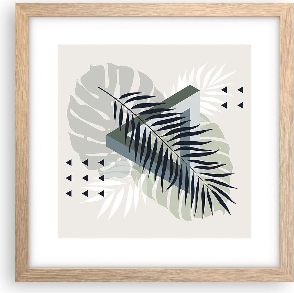 Gerahmtes Poster - Rahmen in heller Eiche - Monstera Palme Grafik - 30x30 cm - Wand Bild - Wanddeko - Wandbilder - Kunstposter - Wandposter - Bilde...