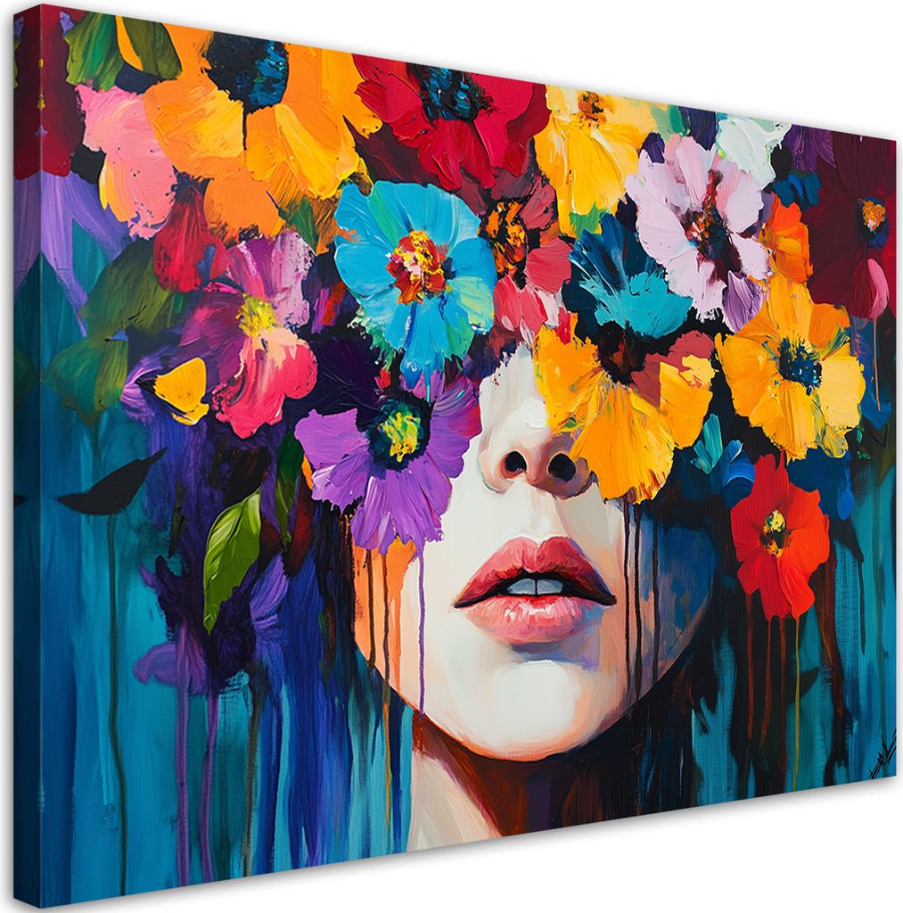 Leinwandbild Frau mit bunten Blumen auf dem Kopf 100x70 Feeby Bunt bild für die wand bereit zum aufhängen