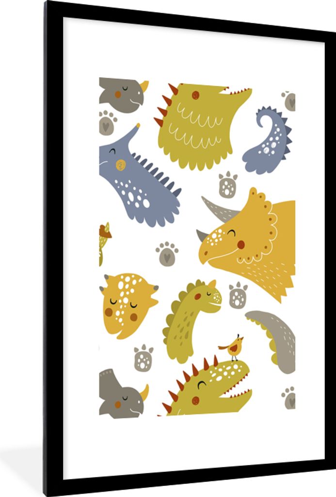 MuchoWow Gerahmtes Poster Dinosaurier - Schnittmuster - Jungen - Dino - Kinder 60x90 cm - Poster mit Schwarzem Bilderrahmen Wandposter Rahmen Fot...