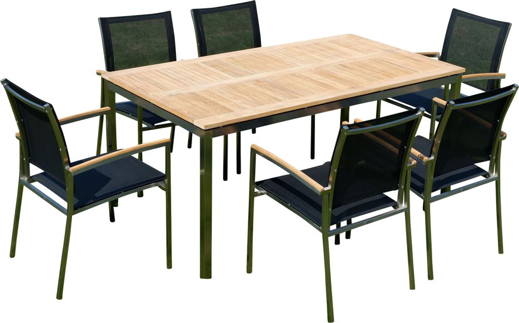 ALEOS. Gartengarnitur Edelstahl Teak Batyline 7-teilig – Tisch 160×90 cm & 6 stapelbare Sessel – Outdoor Essgruppe Gartenmöbel Set für Terra...