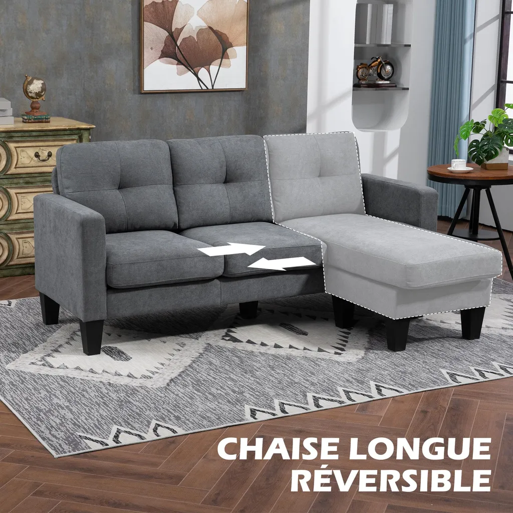 HOMCOM Canapé d'angle 3 places gris chiné avec méridienne réversible