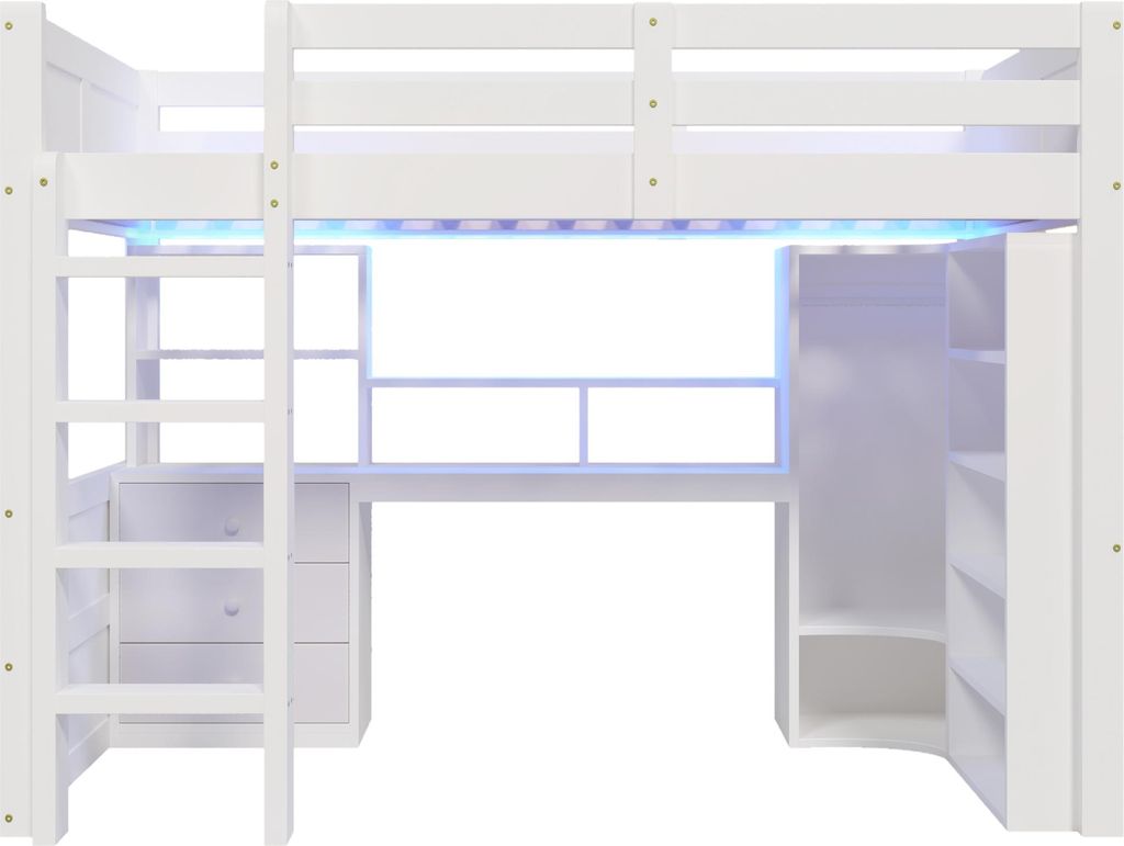 Hochbett,140x200cm, Mit LED-Leuchten,Kleiderschrank, Produktbild 