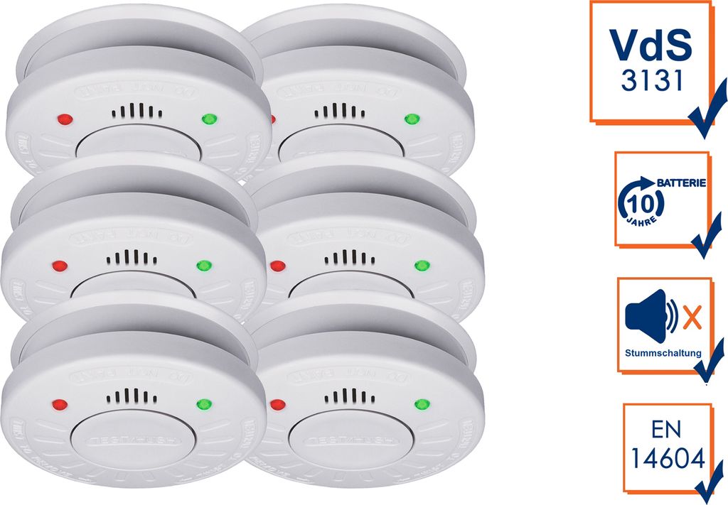 6er-Set Rauchmelder 10 Jahres Batterie, VdS + Stummschaltfunktion