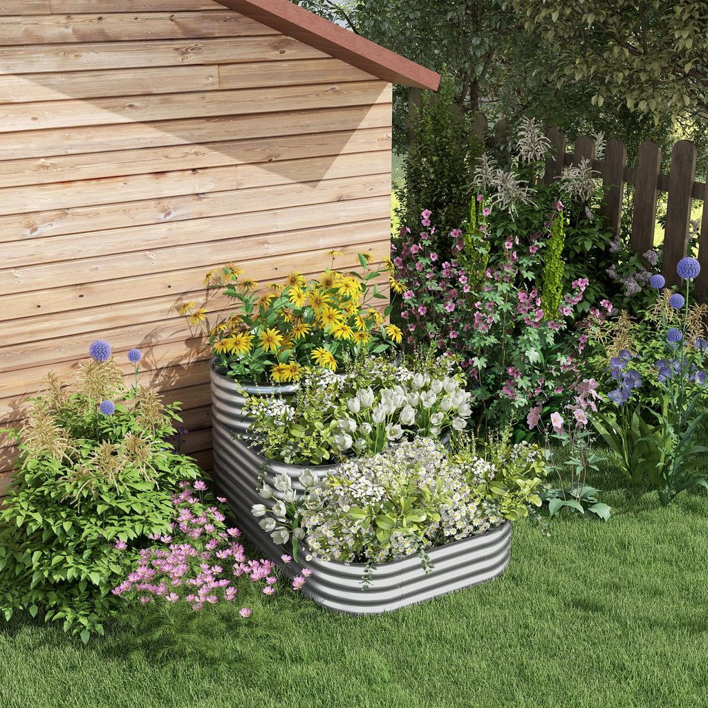 Hochbeet Blumentreppe 3 Stufen, Pflanzkasten dreistufig, Blumenständer outdoor verzinktes Blech, Silber | 158 x 109 x 82 cm | 19 kg | wetterfest