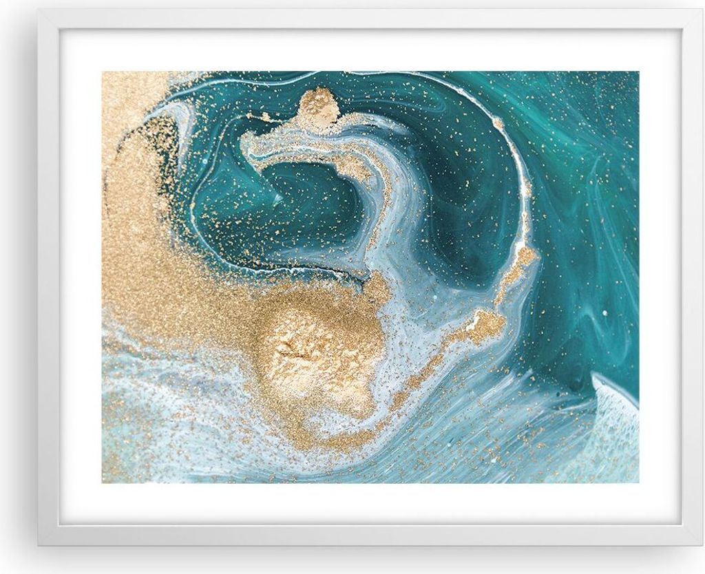 Gerahmtes Poster - Weißer Rahmen - Golden Türkis Hintergrund - 50x40 cm - Wand Bild - Wanddeko - Wandbilder - Kunstposter - Wandposter - Bilderra...