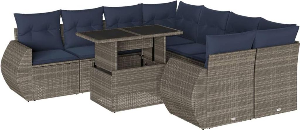 9-teiliges Gartensofa-Set mit Kissen, grau, Polyrattan