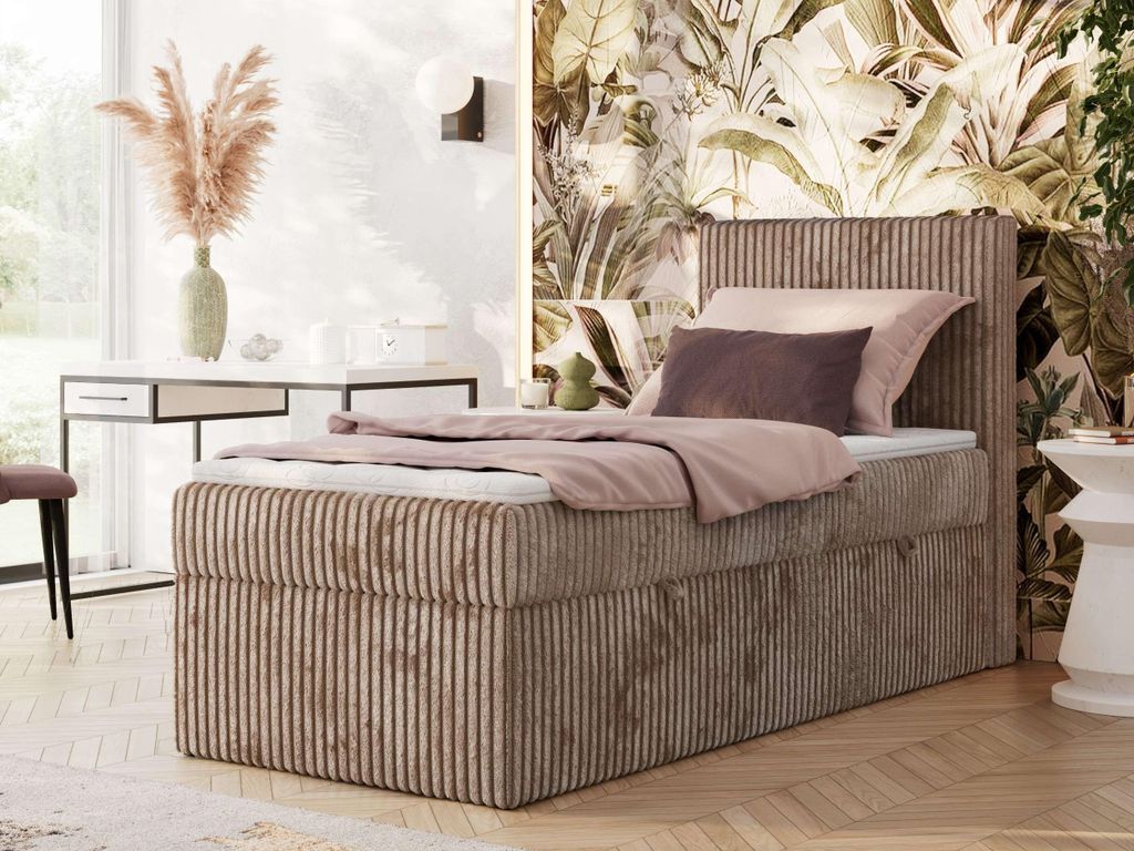 MKS MEBLE Boxspringbett 90x200 TILIANO, Einzelbett mit Multipocket-Matratze, Stauraumbett, gepolstert Kopfteil - Topper Visco - H3 - Braun Cord - R...