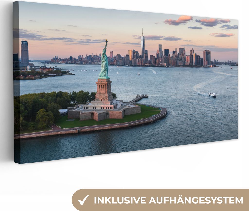 MuchoWow - Leinwandbilder - New York - Freiheitsstatue - Skyline, Wandbild, Wanddeko Bilder Wohnzimmer, 40x20 cm