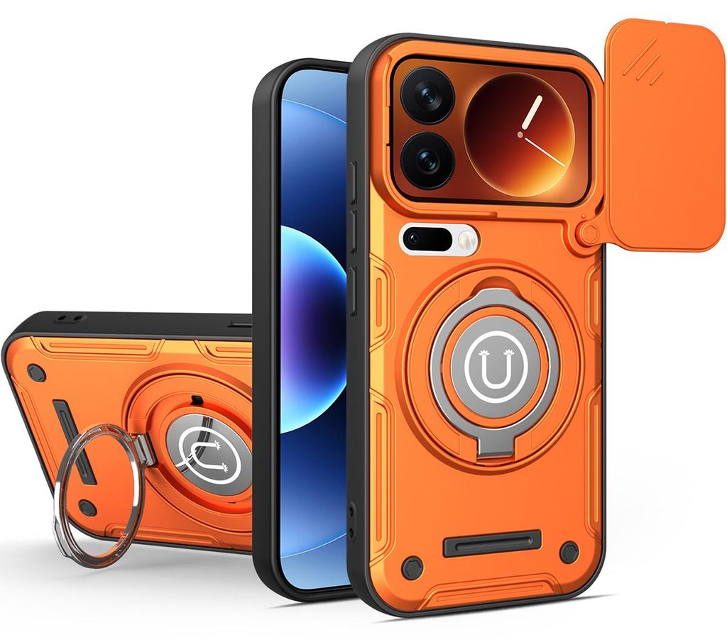 Magnetische Handyhülle für Xiaomi 17 Pro Max mit Kameraschutz Schieber, Ringhalter und Ständer, Stoßfeste Hülle Orange