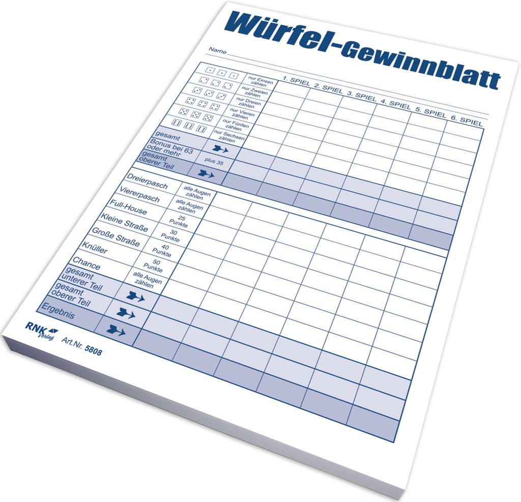 Würfelspiel-Gewinnblatt - Block DIN A6, 1 x 111 Blatt Produktbild 