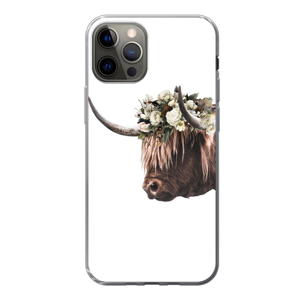 MuchoWow Handyhülle Schutzhülle Hülle für iPhone 12 Pro Schottischer Highlander - Kuh - Rosen Silikon Softcase Handy Hülle - Abdeckung
