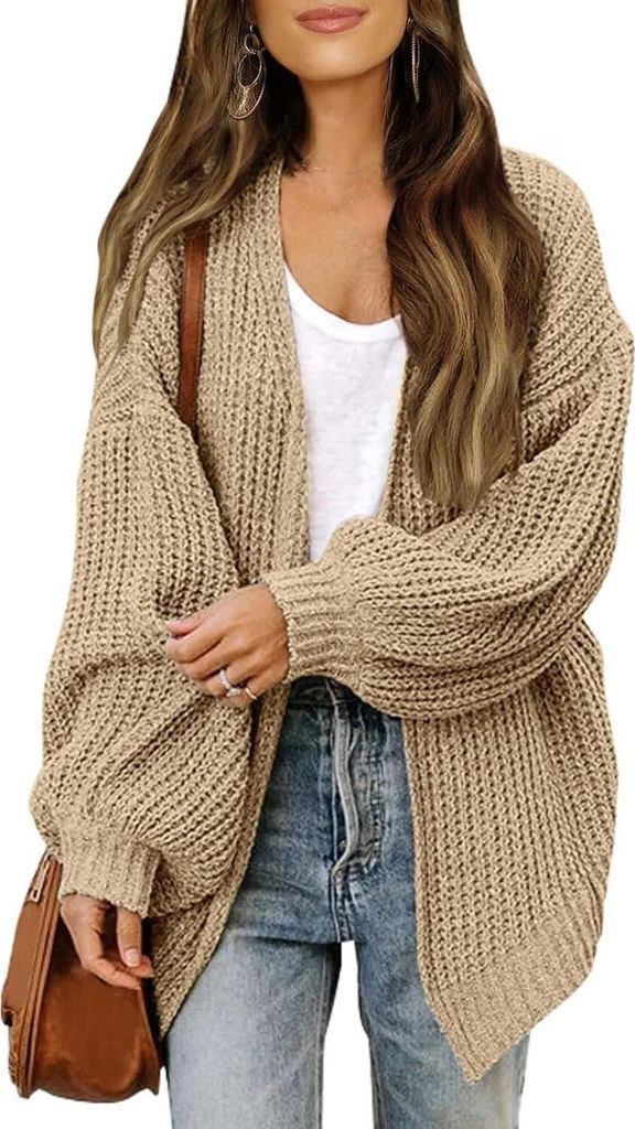 ASKSA Damen Cardigan Strickjacke Offene Front Strickpullover Elegant Laternenaermel Einfarbig Oversized Casual Strick Cardigan Strickmantel,Hellkha...