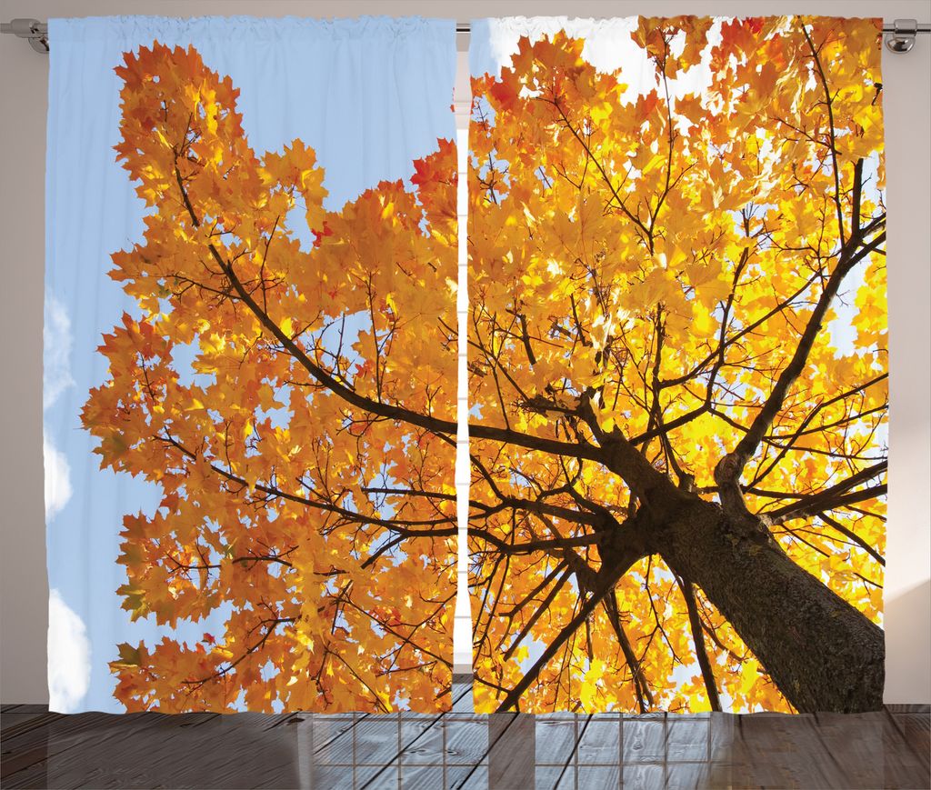 ABAKUHAUS Baum Rustikaler Gardine, Ahorn-Blätter-Fall-Herbst, Schlafzimmer Kräuselband Vorhang mit Schlaufen und Haken, 280 x 175 cm, Orange Blue
