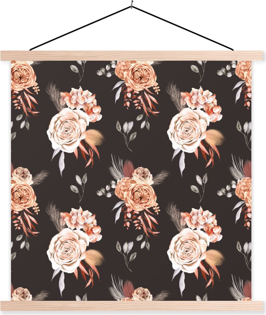 MuchoWow Textilposter Blumen - Bohème Dekoration - Schwarz 60x60 cm mit holzfarbenen Rahmen - Wanddekoration