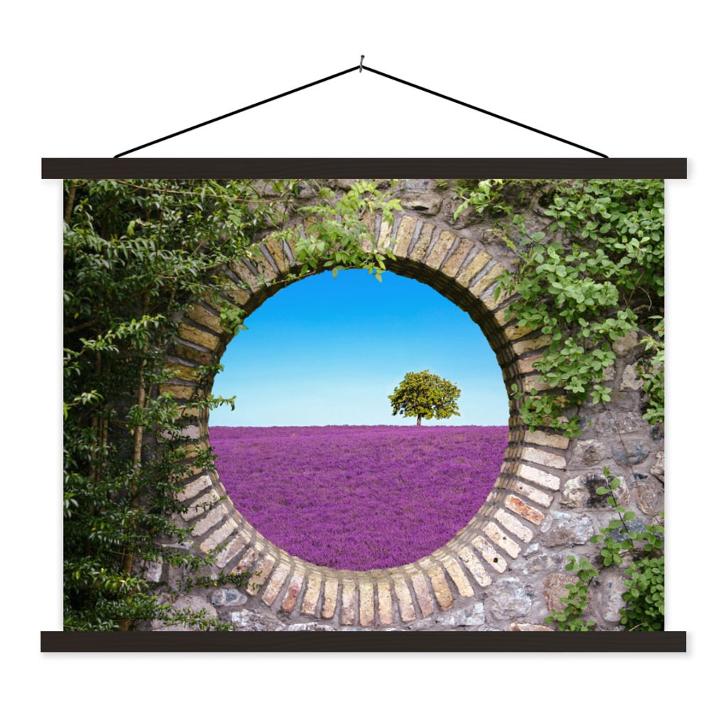 MuchoWow Textilposter Lavendel - Ausblick - Blumen - Sommer 150x113 cm mit holzfarbenen Rahmen - Poster