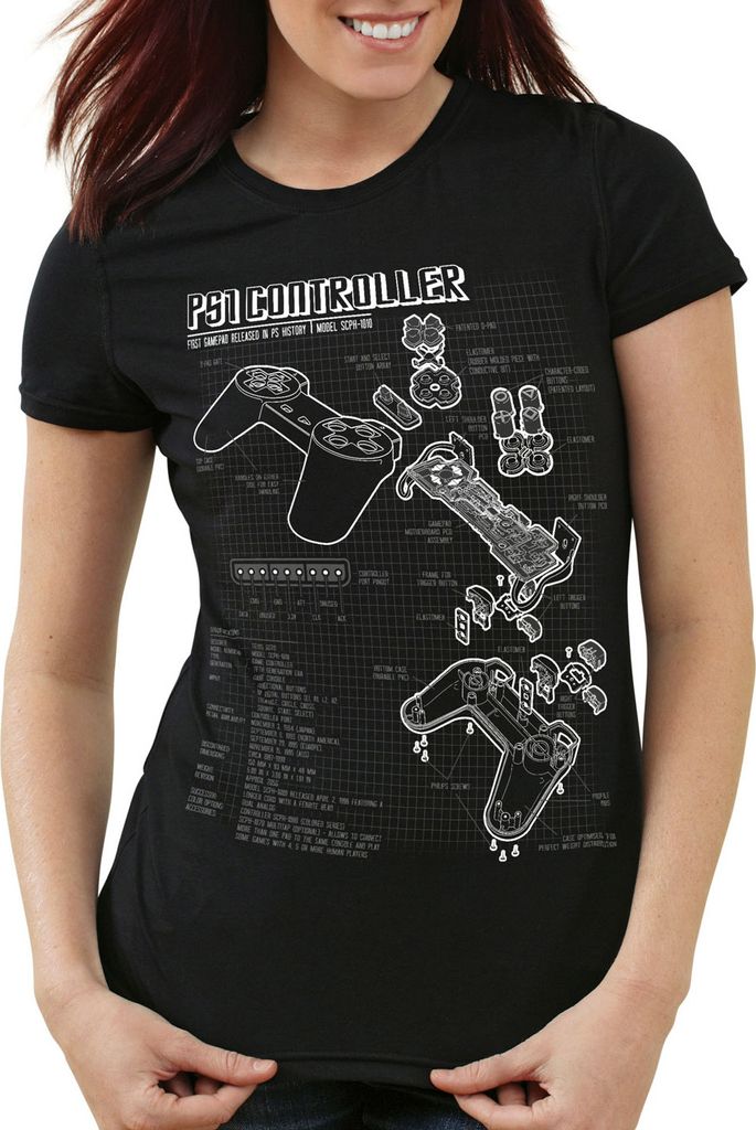 style3 PS1 Controller Blaupause Damen T-Shirt PS gamepad konsole classic gamer, Farbe:Schwarz, Größe:M