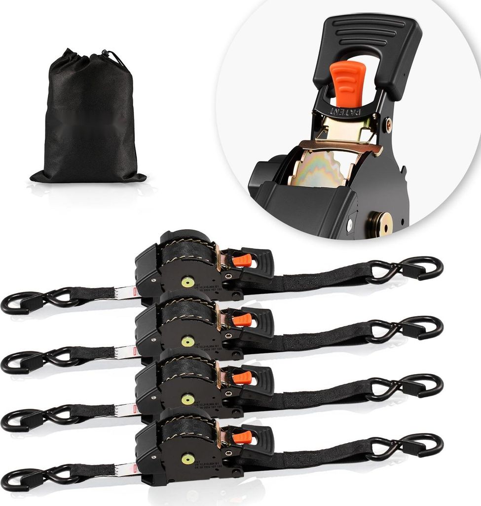 Automatik-Spanngurte - Ratschen-Zurrgurt-Set 4er - 25,4 mm x 4,88 m - 700 kg Bruchlast - S-Haken - Einziehbar - Mit Tragetasche