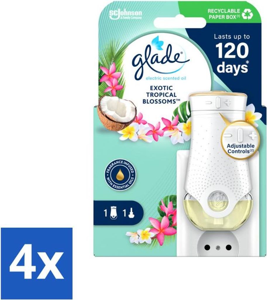 Glade - Elektrischer Ölbehälter - Exotische Tropenblüten - Ohne Nachfüllungen - Vorteilspack - 4 Stücke
