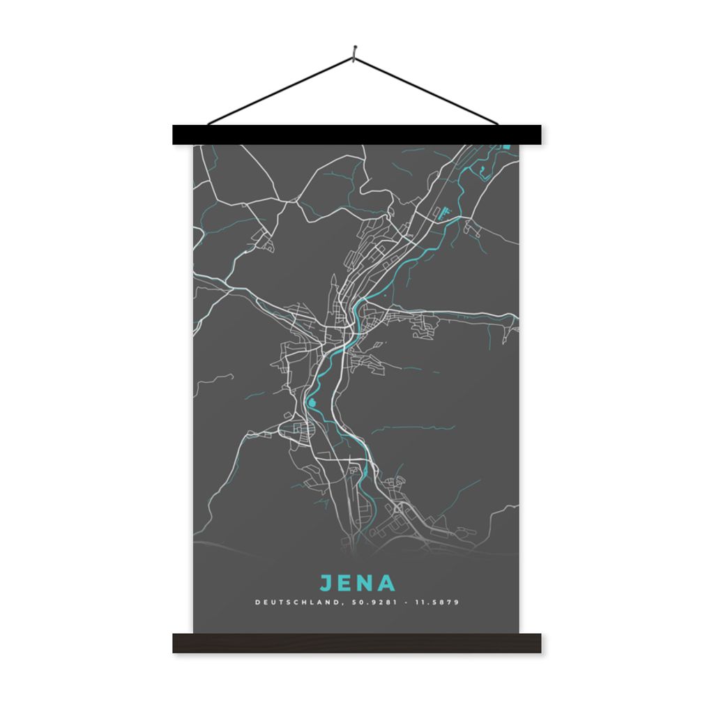 MuchoWow Textilposter Stadtplan - Karte - Jena - Blau - Deutschland - Karte 40x60 cm mit schwarzem Rahmen - Wanddekorationen