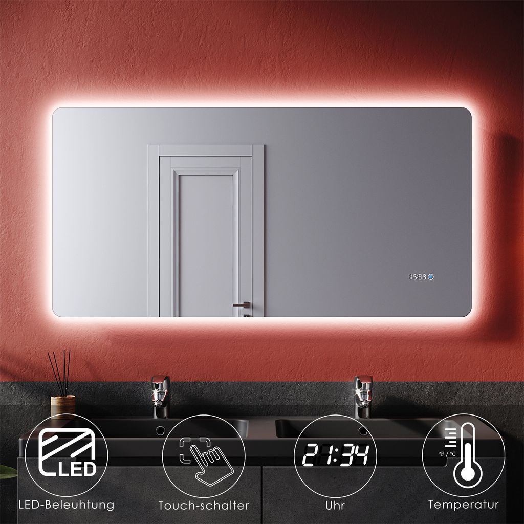SONNI Badspiegel 120x60cm Touch-Schalter mit Uhr und Produktbild 