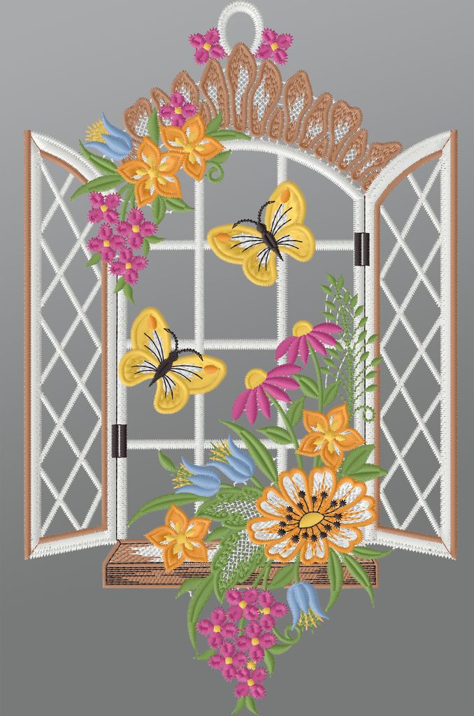 Fensterbild aus Plauener Spitze - Frühlingsblick (BxH) 19cm x 32cm, mehrfarbig, Fensterdekoration und Fensterschmuck