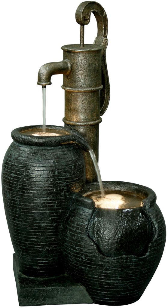 dobar Großer Design Garten-Brunnen mit Pumpe und LEDŽs, Springbrunnen XL mit Zier-Handpumpe für drinnen u. draußen, 47,5x38,5x84 cm, Polyresin