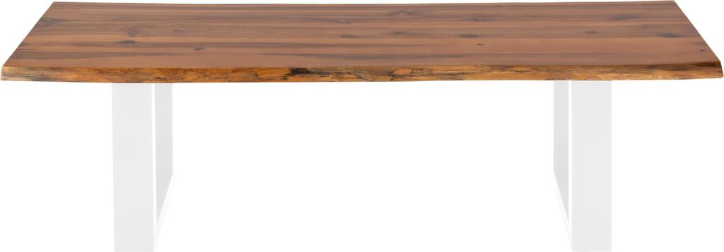 Esszimmerbank 140x40 cm Dallas, Akazienholz cognacfarben, Massive Holzbank mit echter Baumkante, Baumkantenbank mit U-Gestell Weiß, Sitzbank mit 2...