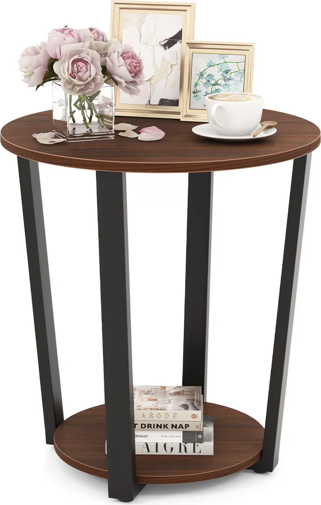 Table d'appoint à 2 niveaux avec plateau ouvert effet noyer et métal