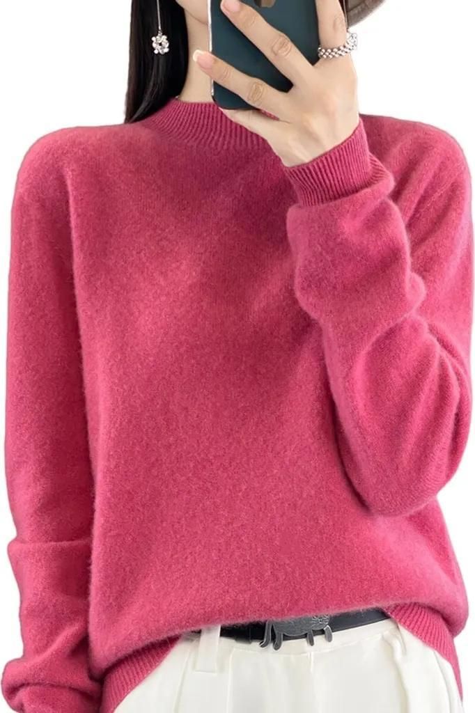ASKSA Damen Leichter Pullover mit Stehkragen Langarm Strickpullover Pulli Sweatshirt Solid Weich Oberteile, Roserot, L