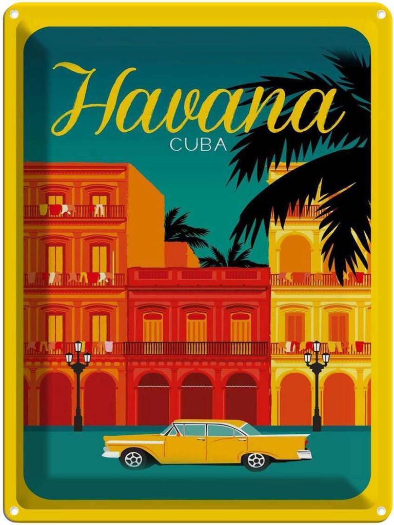 vianmo Blechschild 40x30 cm Havana Cuba Zeichnung gelbes Auto Abenteuer Reisen Urlaub