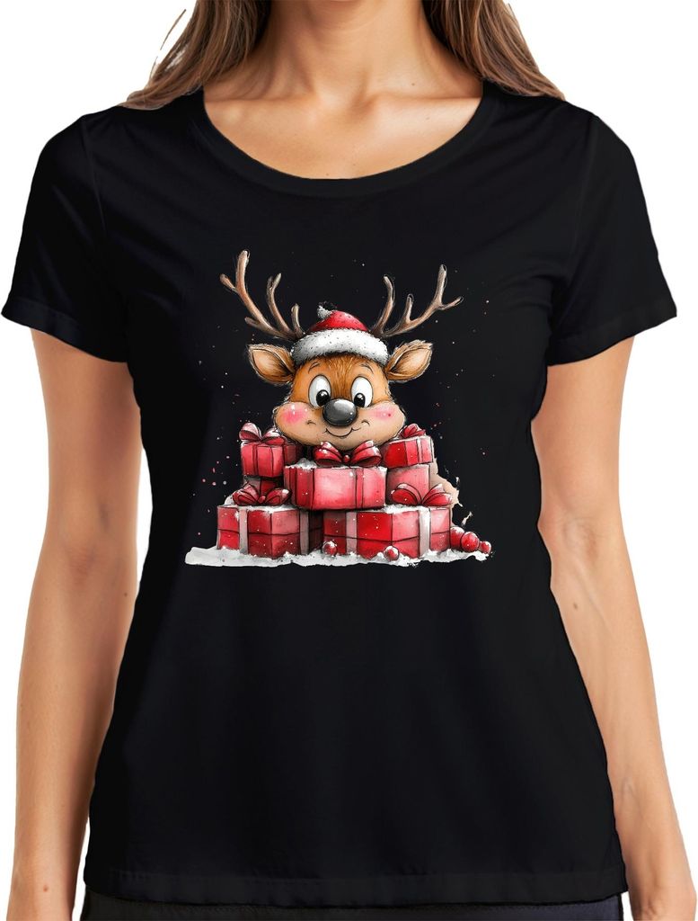 Weihnachten Rentier Geschenke Kinder Geschenkidee Niedlich Damen T-Shirt, Schwarz, 3XL