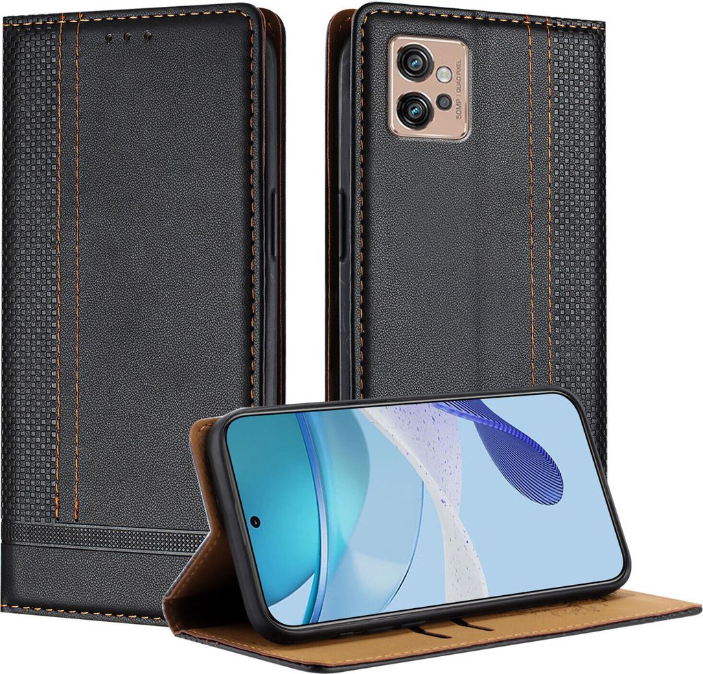Handyhülle für Motorola Moto G32 Leder Flip Klappbare Schutzhülle mit Standfunktion Schwarz