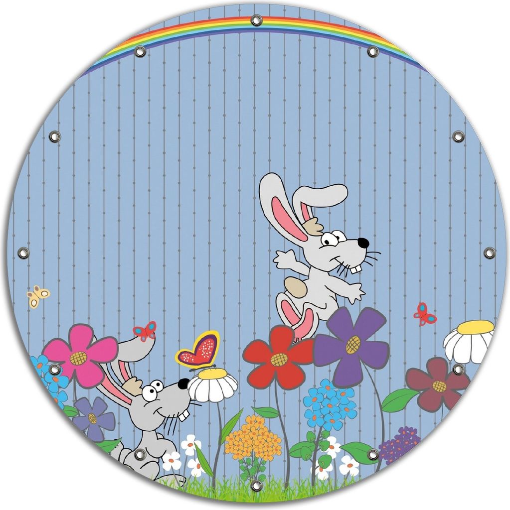 Wallario rundes Outdoor-Poster für Garten oder Balkon, Motiv Süße Hasen unter einem Regenbogen, 90 cm Durchmesser