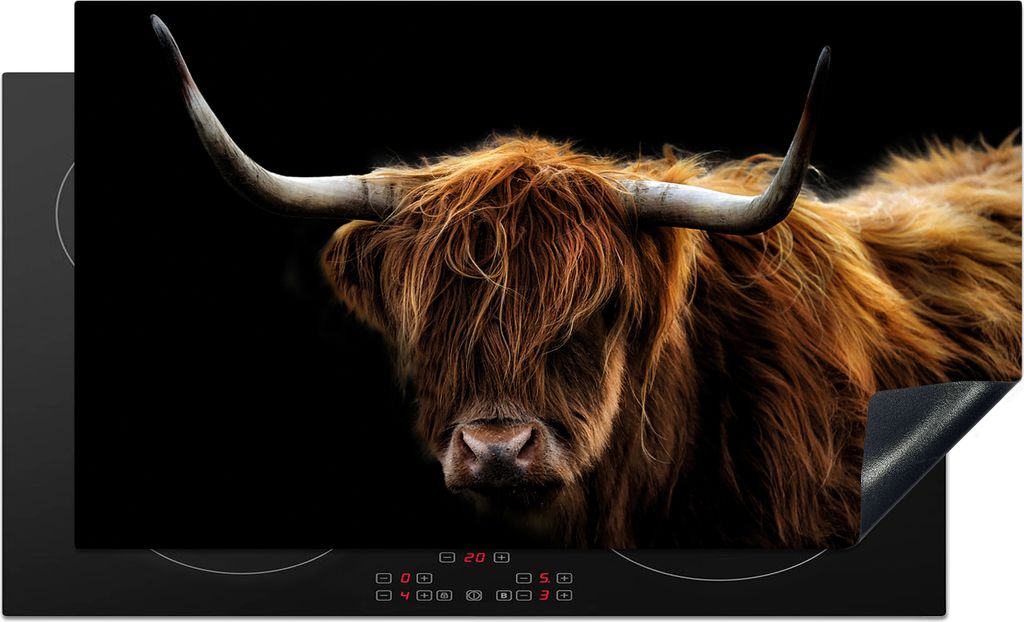 KitchenYeah Herdabdeckplatte Schottischer Highlander - Hörner - Schwarz - Tiere - Natur - Wild - Kuh , 90x52cm, Küche Deko, Glaskeramikfeld Her...