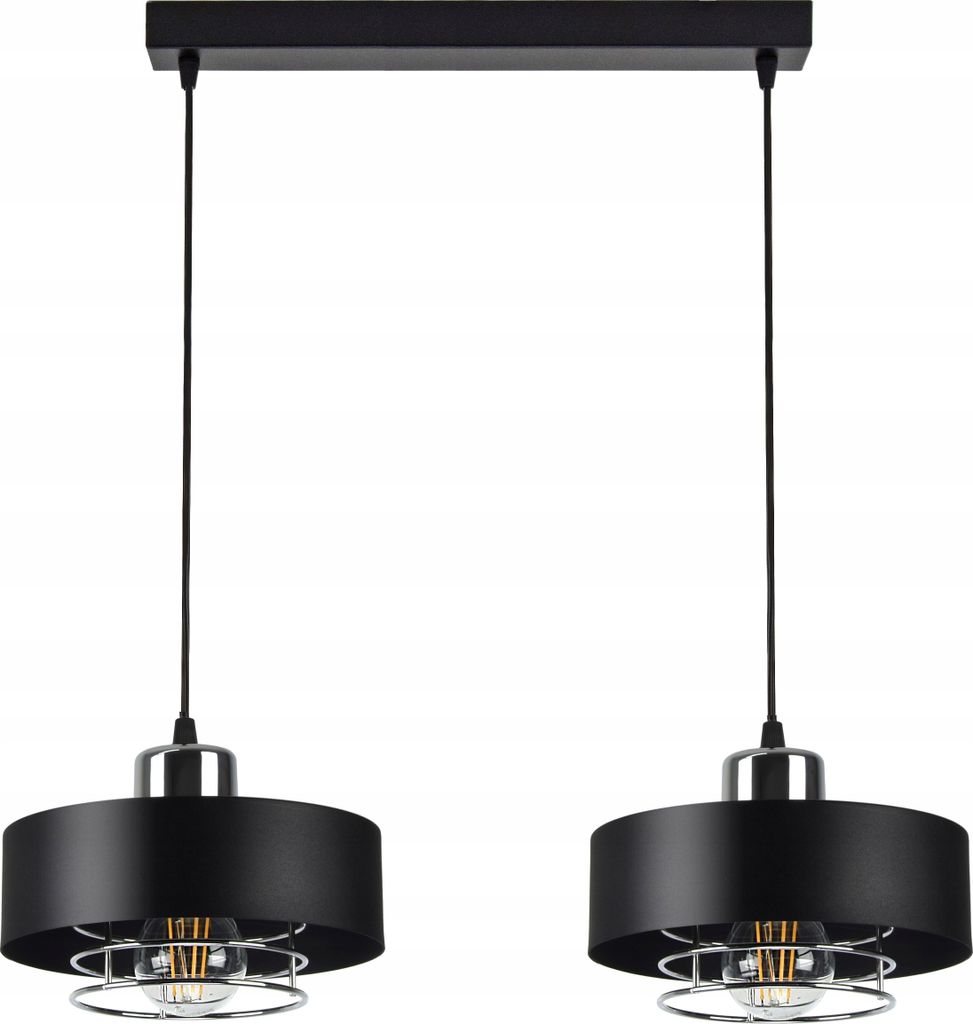 A product shot of a black and chrome pendant light fixture with two lamps.