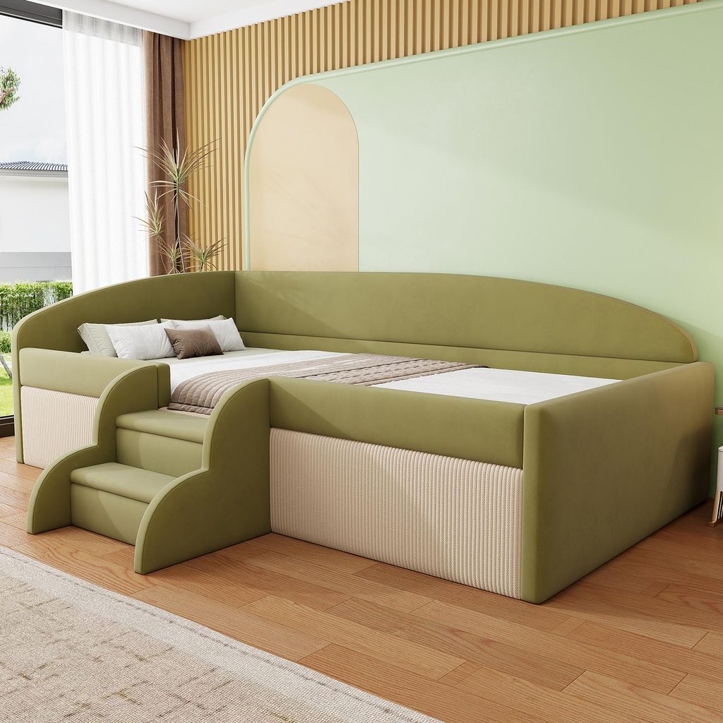STILVORA Polsterbett 90×190 Multifunktionsbett mit Stufen und Zäunen,Hautfreundlicher Samtstoff,Einfacher Aufbau, Dunkelgrün + Cremeweiß